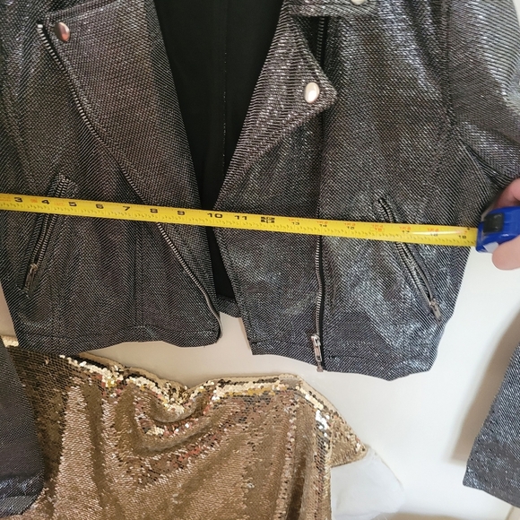 Forever 21 Silver Shimmer Black Biker Jacket Size Large - Picture 9 of 10